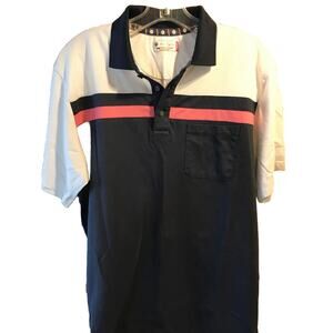 Ben Hogan Men’s M Navy Blue Salmon White SS 1/4 Button Cotton Poly Polo Shirt